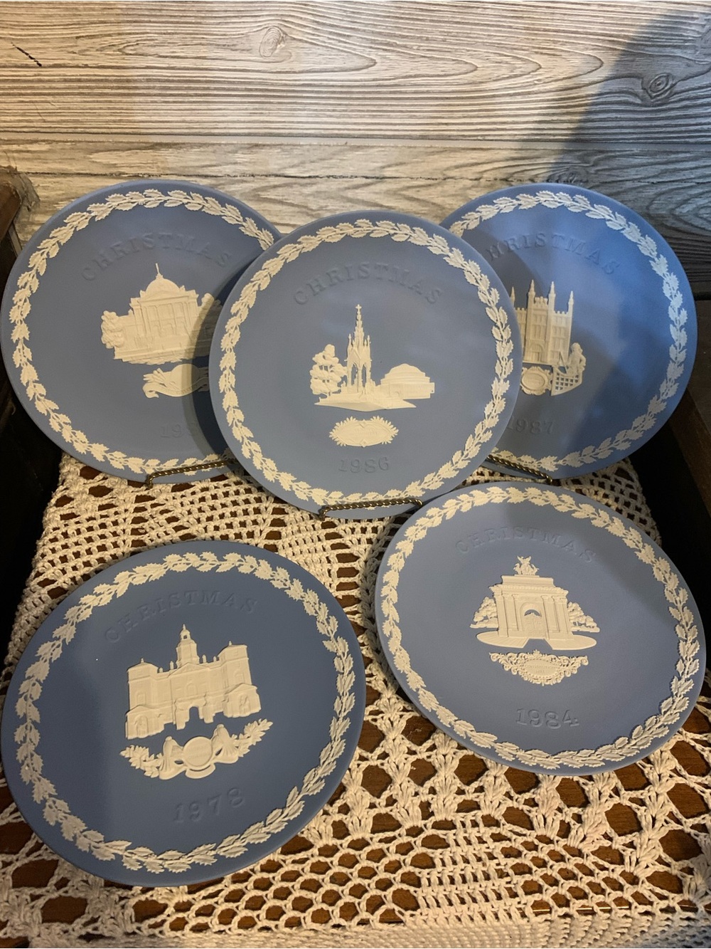 Wedgwood Blue and White Jasperware Christmas Collector Plates - Set of 5